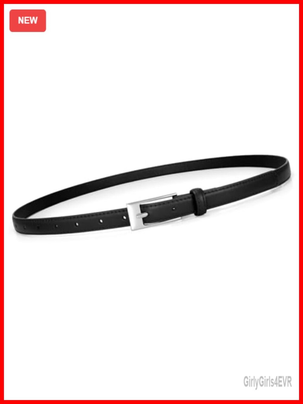 Women's Skinny Faux Leather Belt with Polished Silver Buckle, 0.7" Wide